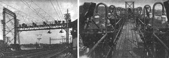 (left) A Bridge Carrying the Section Break Switches for Cutting Out a Two-Mile Section of the Line./(right) Set of Section Break Switches Shown in the Open Position./INAUGURATION OF THE NEW HAVEN RAILROAD ELECTRIC SERVICE.