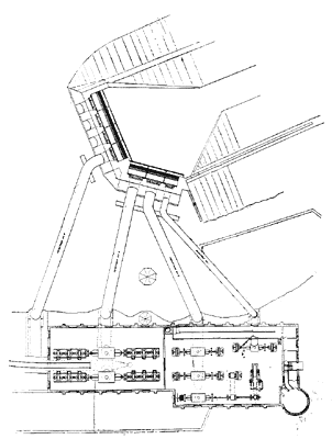 FIG. 6.  PLAN OF LOWER FLOOR OF POWER HOUSE AND PULP MILL, SHOWING ALSO PENSTOCKS AND FOREBAY.
