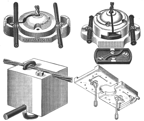 FIGS. 1, 2, 3, AND 4.  HAMMOND ROSETTES, INSULATOR AND HANGER BOARD.