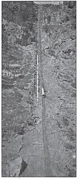 FIG. 6.  A PART OF THE PIPE LINE, SHOWING THE TEMPORARY TRACK FOR HAULING THE PIPE UP THE BLUFF FROM THE POWER HOUSE.