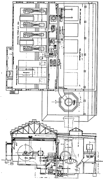 THE LORAIN & CLEVELAND R. R.  PLAN AND//SECTION OF POWER HOUSE.//E. P. Roberts & Co.,//Consulting Engineers.