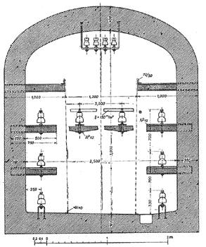 FIG. 10.CROSS-SECTION OF CABLE TUNNEL LEADING ACROSS BOUNDARY, BETWEEN POWER-HOUSE AND STEP-UP TRANSFORMER STATION, BRUSIO HYDROELECTRIC PLANT.