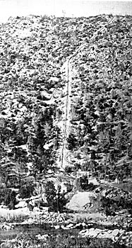 FIGURE. 1  VIEW OF RESERVOIR MOUNTAIN, PIPE LINE AND POWER HOUSE SITE OF SAN JOAQUIN ELECTRIC COMPANY.