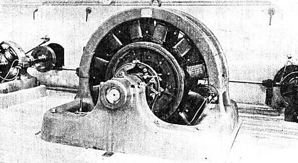 FIGURES 11 AND 12  SHOWING EXCITERS AND CONSTANT SPEED REGULATOR SHAFNING, AND ONE OF THE 340 K. W. GENERATORS, RESPECTIVELY.