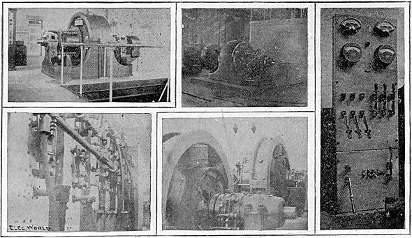 FIG. 9.  STRE ET RAILWAY ROTARY TRANSFORMER, CATARACT POWER HOUSE./FIG. 10.  REAR CONNECTIONS OF SWITCH-BOARD AT NIAGARA FALLS./FIG. 11  220-VOLT ROTARY TRANSFORMERS./FIG. 12.  ROTARY TRANSFORMERS, BUFFALO POWER HOUSE./FIG. 13.  SWITCHBOARD FOR ROTARY TRANSFORMERS, BUFFALO STREET RAILWAY POWER HOUSE.