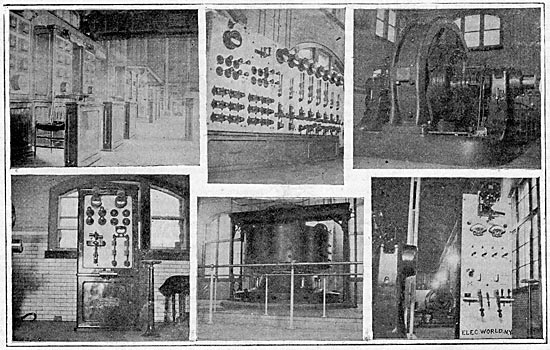 FIG. 1.  INSTRUMENTS AND CONTROLLERS FOR 2200-VOLT 5000-HP GENERATORS./FIG. 2.  500-VOLT SWITCHBOARD FOR CONTROLLING WESTINGHOUSE ROTARY TRANSFORMERS./FIG. 3.  500-VOLT DIRECT CURRENT SWITCHBOARD FOR STREET RAILWAYS AND STATIONARY MOTORS./FIG. 4.  GENERATOR FOR BUFFALO-NIAGARA TRANSMISSION./FIG. 5.  G. E. ROTARY TRANSFORMERS IN NIAGARA FALLS POWER HOUSE.  DIRECT CURRENT FOR STREET RAILWAYS./FIG. 6.  500-VOLT SWITCHBOARD FOR CONTROLLING G. E. ROTARY TRANSFORMER.