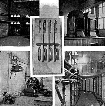 FIG. 5.  BEGINNING OF SUBWAY IN TRANS FORMER HOUSE CABLES CARRYING 3-PHASE CURRENT TO BUFFALO LINE./FIG. 6.  CENTRIFUGAL BLOWER MOTOR FOR 1250-HP TRANSFORMERS./FIG. 7.  2200-VOLT TWO-PHASE SWITCHBOARD.  HIGH TENSION FUSES BELOW./FIG. 8.TWO 1250-HORSE-POWER, THREE-PHASE 11,000-VOLT TRANSFORMERS./FIG. 9.  BEGINNING OF SUBWAY CARRYING 2200-VOLT 2-PHASE CURRENT FROM 5000-HP GENERATORS, NIAGARA POWER-HOUSE.
