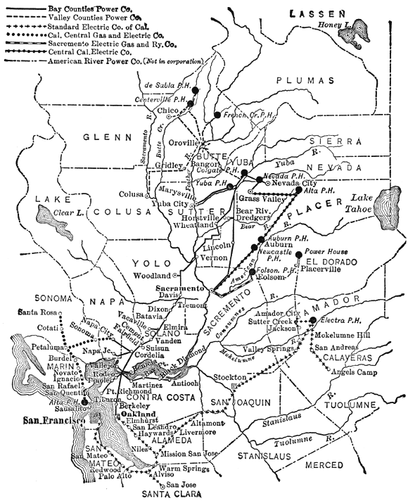 MAP OF HIGH-TENSION TRANSMISSION LINES OF CALIFORNIA GAS & ELECTRIC COMPANY.  LINE FROM COLGATE TO OAKLAND IS IN DUPLICATE.
