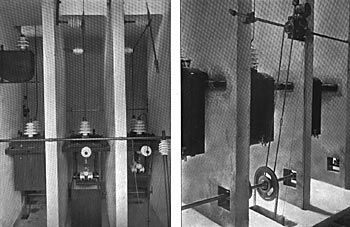 FRONT AND REAR VIEWS OF THE 40,000-VOLT OIL SWITCHES USED IN THE GROMO-NEMBRO, ITALY, ELECTRIC TRANSMISSION PLANT.