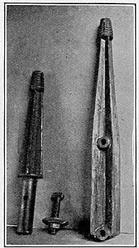 Malleable cast iron pins.  Cross-arm pin fits 1 -in. hole in old crossarms.  T-headed bolt slips into a seat on a shoulder cast on inside of shank at bottom, and is tightened up under cross-arm.  Weighs 3  and 7 lb.  Ultimate strength 1800 lb. At line wire. (60,000 volts)