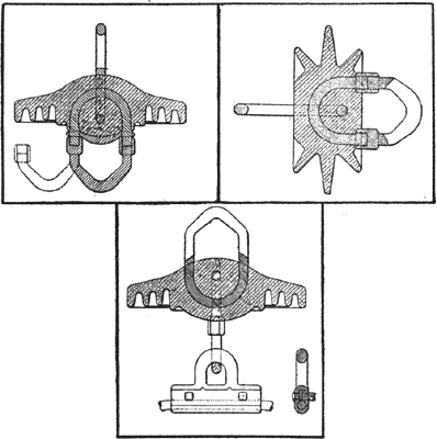 (left) Section of suspension insulator. (center) Suspension insulator and clamp. (right) Section of strain insulator.