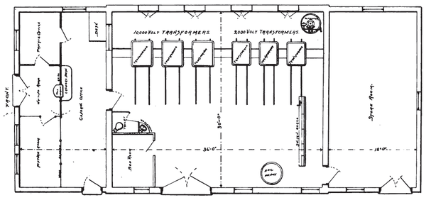 FLOOR PLAN OF TYPE OF SUBSTATION ON 30,000-VOLT LINES FOR TOWERS OF FROM 2000 TO 10,000 INHABITANTS