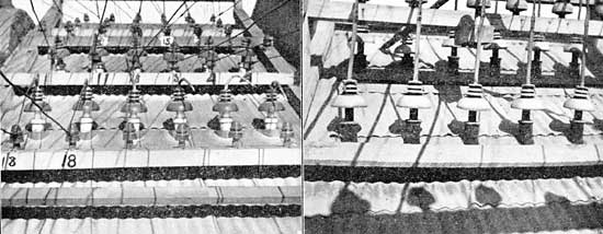 (under left photo) 2400-volt ALTERNATING CURRENT SERIES ARC CIRCUITS. (and under right photo) 15,000-VOLT POWER TRANSMISSION CIRCUIT (then the following extending under both photo captions) THE ROOF INSULATORS OF LOS ANGELES SUBSTATION OF THE SAN GABRIEL ELECTRIC COMPANY.