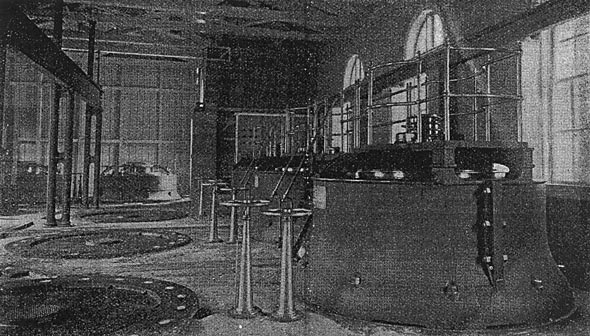 ELECTRICAL UTILIZATION AT PORTLAND, ORE., OF THE POWER OF THE FALLS OF THE WILLAMETTE RIVER.  INTERIOR OF STATION SHOWING THREE-PHASE GENERATORS AND DIRECT CURRENT EXCITERS.