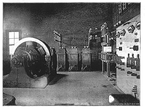 FIG. 1. STEAM LOCOMOTIVES SUPPLANTED BY ELECTRIC TROLLEY.  TRANSFORMER ROOM IN LOCKPORT, SHOWING ROTARY CONVERTER, STATIC TRANSFORMERS AND SWITCHBOARD.
