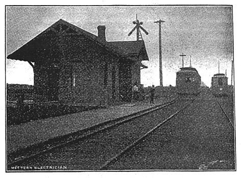Fig. 5. Cars passing at Pendleton Centre./STEAM LOCOMOTIVES SUPPLANTED BY ELECTRIC TROLLEY.