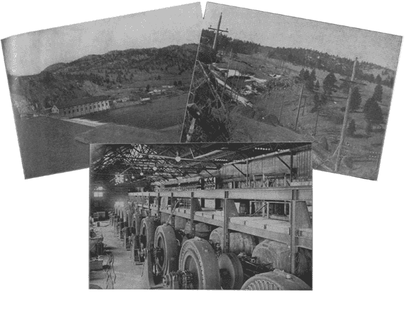 (left)FIG. 1. General View of Power House, Dam and Surroundings at Canyon Ferry./(center)FIG. 2. Interior of Power House./(right)FIG. 3. Three High-tension Lines from Over the Hill above the Power House./MISSOURI RIVER POWER COMPANY
