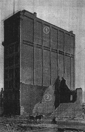 1. Temporary Board Installed in this Building./2. Ruins of New Main Operating Office on Bush Street. Not Harmed by Earthquake, but, with New Switchboard, Destroyed by Fire./RUINED TELEPHONE EXCHANGE IN SAN FRANCISCO.