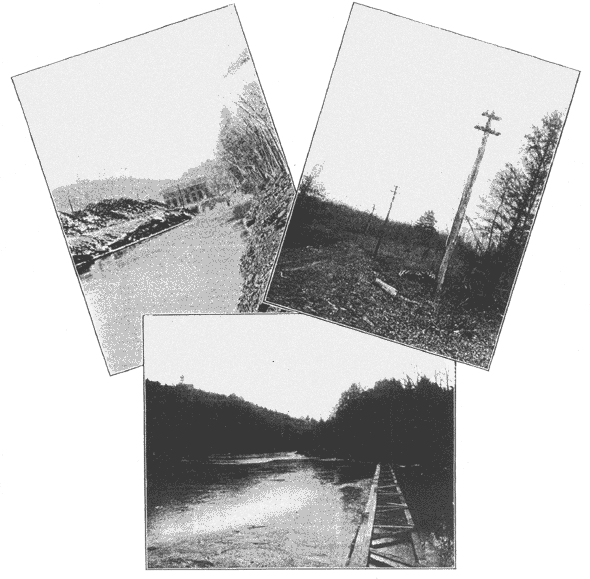 (left) FIG. 1.  THE TAIL-RACE FORMED BY DEEPENING A BRANCH CHANNEL OF THE RIVER AROUND THE ISLAND./(center) FIG. 3.  THE BOOM ABOVE THE DAM KEEPING ICE AND DRIFTWOOD FROM THE FEEDER TUBES./(right) FIG. 2.  A VIEW OF THE POLE LINE SHOWING THE ARRANGEMENT OF CROSS-ARMS AND WIRES.