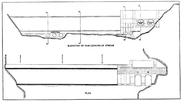 FIG. 5.  PLAN AND ELEVATION OF DAM, SHOWING LOCATION OF TEMPORARY WASTE PIPES FOR CARRYING FLOW OF RIVER DURING CONSTRUCTION.