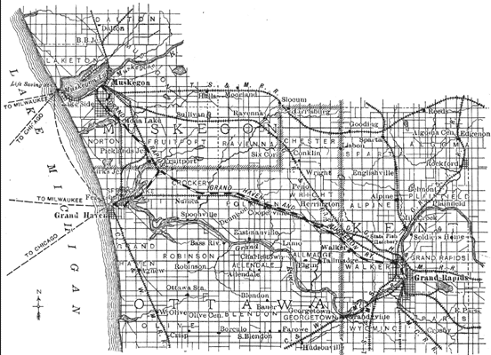 MAP OF GRAND RAPIDS, GRAND HAVEN AND MUSKEGON RAILWAY.