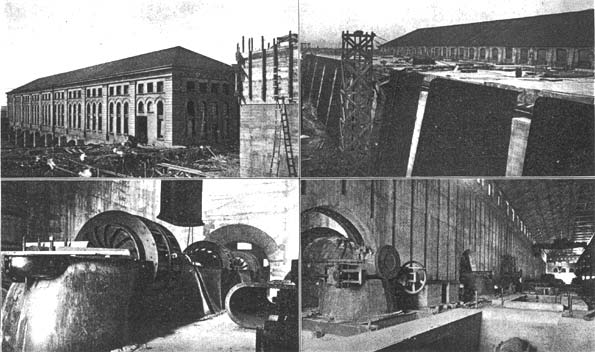 (left) Power House from Down-stream Side, Showing Discharge Chambers. (right) Power House from Up-stream Side, Showing Straining Racks./(left) One of the Turbines in Course of Erection. (right) Interior of Power House. Showing Turbine Chambers/HYDRO-ELECTRIC POWER DEVELOPMENT ON CHICAGO DRAINAGE CANAL,/NEAR LOCKPORT, ILL.