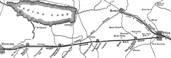 MAP OF "ELECTRIFIED" WEST SHORE RAILROAD BETWEEN UTICA AND SYRACUSE, N. Y.