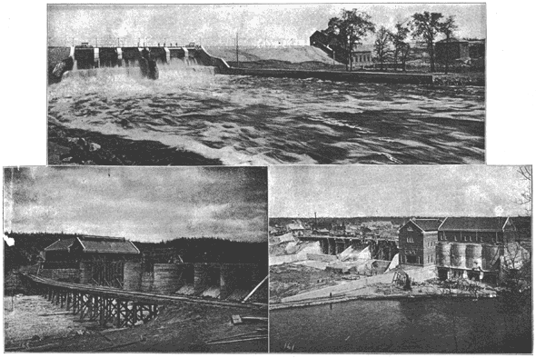 Fig. 1. Rogers Dam and Power House/(left) Fig. 2. Up-Stream Side of Plant at Croton Dam. (right) Fig. 3. Down-Stream Side of Plant at Croton Dam/HYDRO-ELECTRIC POWER DEVELOPMENT ON THE MUSKEGON RIVER.