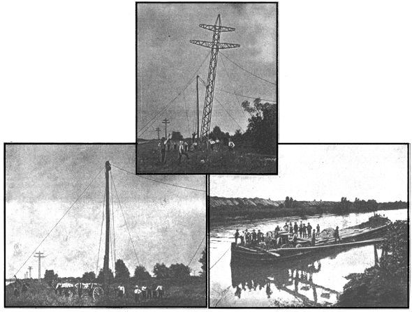 Fig. 1. Raising One of the 60-foot, 4,000 pound Steel Poles Into Position/(left) Fig. 2. Derrick Wagon with its 4-foot Gin Pole for raising the Steel Poles. (right) Fig. 3. Concrete Mixer on Boat which Floats down the Canal from Pole to Pole./THE LOCKPORT-CHICAGO (DRAINAGE CANAL) HIGH-TENSION TRANMISSION LINE.