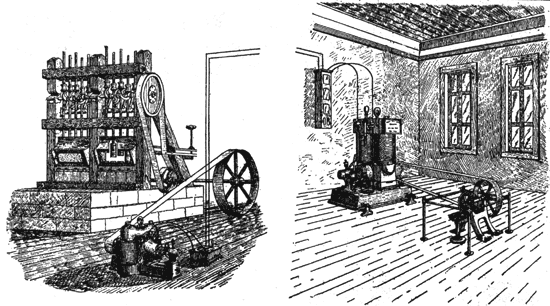 This curious illustration is reproduced from the Western Electrician of June 23, 1888. The text very briefly explains that the power was transmitted four miles, with 25 per cent. loss in transmission, to operate a motor for driving a stamp mill in Idaho./AN EARLY POWER TRANSMISSION.