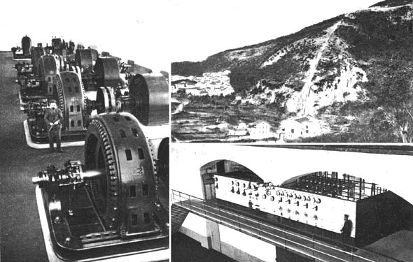 (Left) View in Generator Room of Power House. (Right) Generating Station near Village of Olerano. Switchboard Controlling the 3,000-volt Generators.//TUSCIANO RIVER HYDRO-ELECTRIC PLANT IN ITALY.