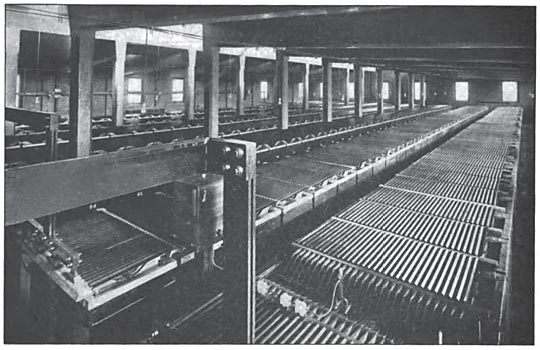 FIG. 11.  IN THE SUB-STATION AT HAMMEL, 300 CELLS OF 3200 AMPERE-HOURS CAPACITY ARE INSTALLED WITH TWO 162-KW. BOOSTERS TO TAKE CARE OF THE LOAD FLUCTUATIONS ON THE ROCKAWAY BEACH LINE.
