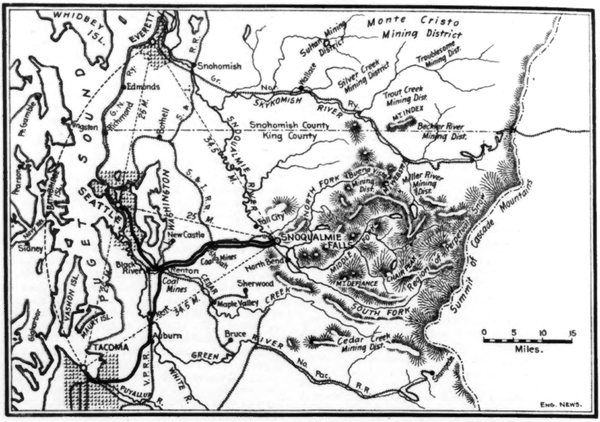 FIG. 1MAP OF THE LOCATION OF THE SNOQUALMIE FALLS POWER PLANT AND TRANSMISSION LINES.