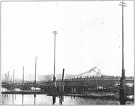 154-FOOT POLES ON THE LINE ENTERING TACOMA - MOUNT RAINIER IN THE DISTANCE.