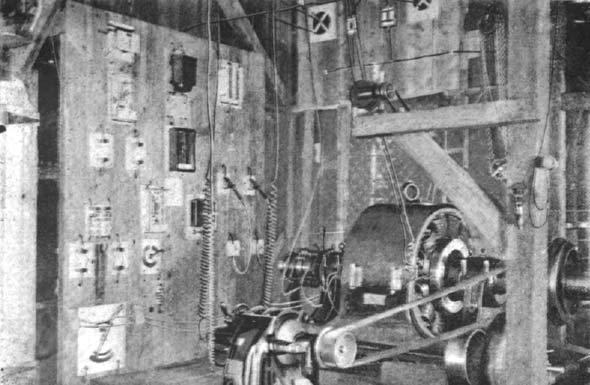 Plate II. Generator Switch-Board at Power-House.  (Generator in operation, Exciter in foreground, Choke-Coils and Gap-Lightning-Arresters on separate board.