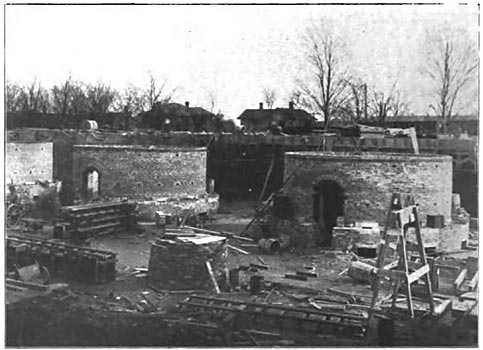 Fig. 31. Kiln Room, showing partially completed kilns, and beyond, the false work for first floor ready for the concrete.