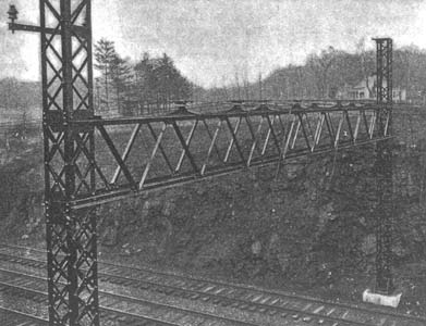 Near View of Steel Posts and Truss, Showing Method of Attaching Catenaries./ELECTRIFICATION OF THE NEW YORK CENTRAL AND NEW HAVEN RAILROADS.