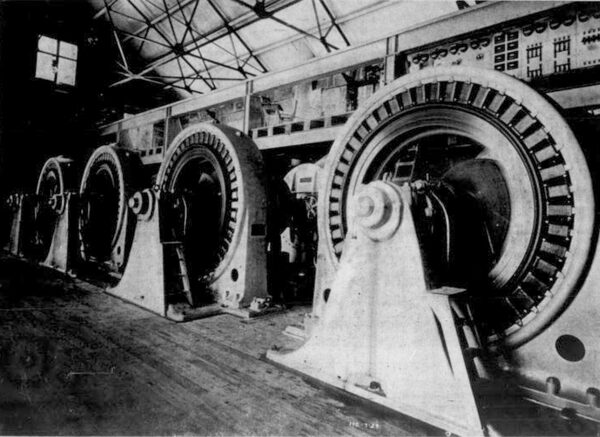 FIG. 3.FOUR 1200-HP GENERATORS IN OPERATION IN CANON FERRY POWER HOUSE.