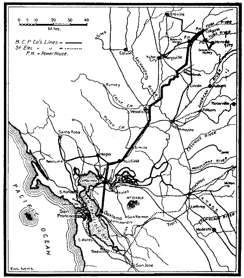 FIG. 1. MAP SHOWING POLE LINES AND DISTRIBUTING STATIONS OF THE BAY COUNTIES POWER CO. , OF CALIFORNIA.