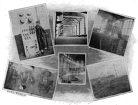 FIG. 1  LOW TENSION 3-PHASE ALTERNATING SWITCHBOARD, BUFFALO STREET RAILWAY POWER HOUSE./FIG. 2.  CONDUCTOR BRIDGE WITH CABLES, NIAGARA FALLS POWER HOUSE./FIG. 3.  STATIC TRANSFORMERS, 11,000 VOLTS, NIAGARA FALLS./FIG. 4.  TWO ROTARY TRANSFORMERS, BUFFALO STREET RAILWAY POWER HOUSE, BUFFALO./FIG. 5.  INTERIOR OF POWER HOUSE, NIAGARA FALLS./FIG. 6.  TRANSMISSION LINE.  TRANSFORMER HOUSE IN BACKGROUND.