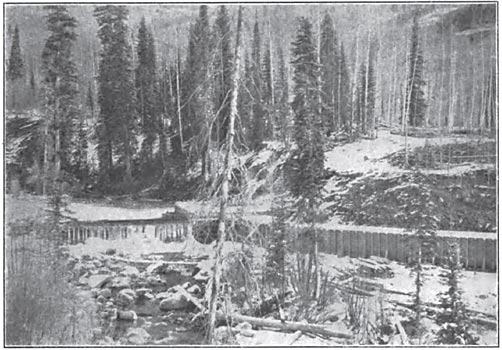 FIG. 1. — THE DIVERTING DAM AND HEAD GATE AT CASCADE CREEK, A TRIBUTARY OF THE ANIMAS RIVER IN COLORADO.  THE PRESENT 6000-H. P. DEVELOPMENT OF THE ANIMAS POWER & WATER COMPANY UTILIZES ONLY THE WATERS OF THIS CREEK.