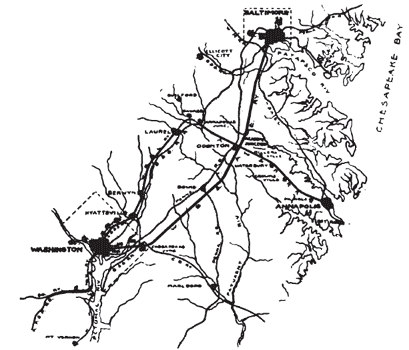 MAP SHOWING ROUTE OF THE WASHINGTON, BALTIMORE & ANNAPOLIS SINGLE-PHASE RAILWAY