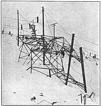 Fig. 7  Tower Crushed by Snowslide, and Emergency Repair Construction.