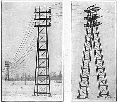 FIG. 1.  TOWERS FOR SPAN ACROSS THE OSWEGO RIVER./FIG. 2.  SIDE VIEW OF TOWERS SHOWING ARRANGEMENT OF INSULATORS.