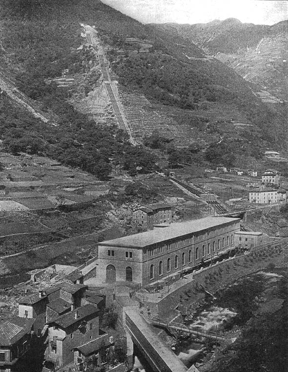 FIG. 3. - POWER PLANT AT BRUSIO, SWITZERLAND, SHOWING ALSO PENSTOCKS AND CABLE TUNNEL.