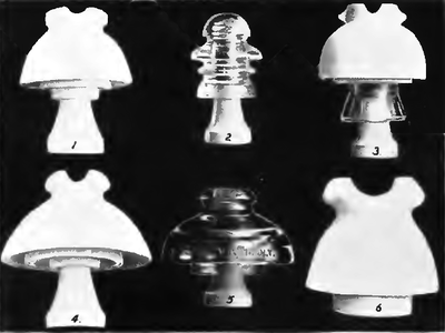 LOCKE INSULATORS.  1. For 25,000 Volts. - 2. Transposition - 3. For 25,000 Volts - 4. For 40,000 Volts - 5. Glass, for 50,000 Volts - 6. Street Railway Cable.