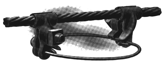 AN INSULATOR CLAMP MANUFACTURED BY THE CLARK ELECTRIC & MANUFACTURING COMPANY FOR USE ON STANDARD INSULATORS.