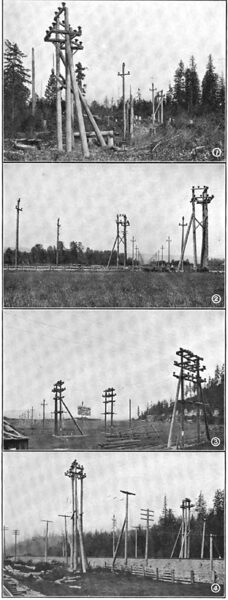 1. A STANDARD CURVE CONSTRUCTION ON THE TRANSMISSION LINE. :: 2. A RIGHT ANGLE TURN IN THE DOUBLE LINE AT ORTING. :: 3. THE JUNCTION OF THE SEATTLE AND TACOMA LINES AT BLUFFS, SHOWING THE DISCONNECTING SWITCHES. :: 4. WHERE THE TRANSMISSION LINES CROSS THE NORTHERN PACIFIC RAILWAY AT THE MEADOW.