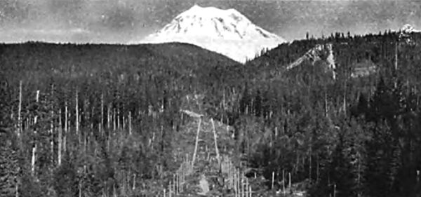 VIEW OF THE TRANSMISSION LINES, CABLE INCLINE, RESERVOIR, PENSTOCK AND MOUNT RAINIER, LOOKING EAST.