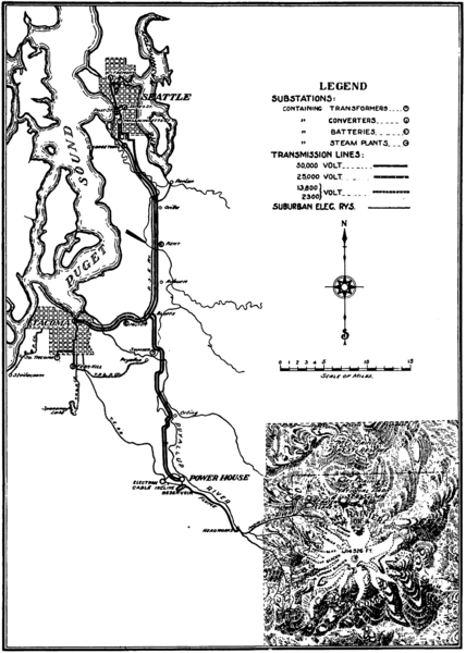 MAP OF THE PUYALLUP RIVER DEVELOPMENT OF THE PUDGET SOUND POWER COMPANY, SHOWING ALSO AUXILLARY TRANSMISSION LINES AND SUBSTATIONS OF THE PUDGET SOUND ELECTRIC RAILWAY, SEATTLE ELECTRIC CO. AND TACOMA RAILWAY AND POWER CO.